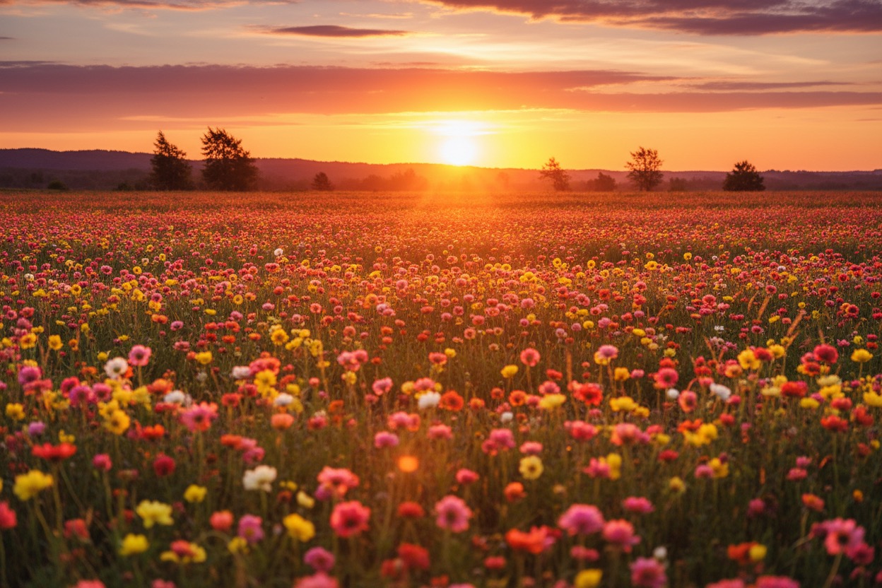 Un vaste champ de fleurs colorées sous un ciel de coucher de soleil doré.